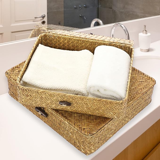 Hipiwe Set of 2 Flat Woven Wicker Storage Bins with Lid Natural Seagrass Basket Boxes Multipurpose Home Organizer Bins Boxes for Shelf Organizer, Caramel - Image 4