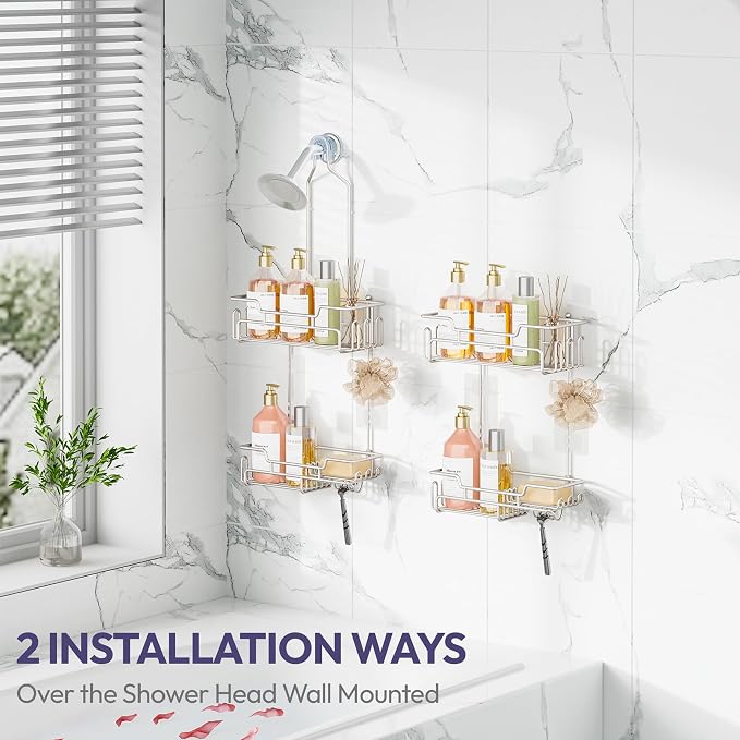 SWTYMIKI Bathroom Shower Caddy Hanging - Extended Length 2 Tier Rustproof Over Shower Head Organizer, No Drilling Bathroom Shelf with 14 Hooks & Soap Holder, Anti-Swing Rack, Sand Nickel - Image 2