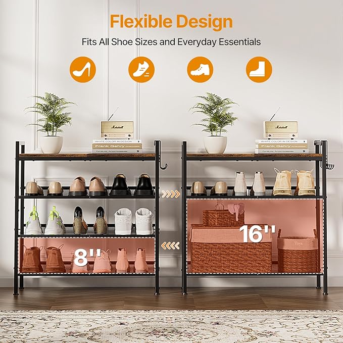 4 Tier Shoe Rack, Shoe Rack for Entryway with Hook, Shoe Organizer with Adjustable Mesh Shelves, Metal Shoe Storage, Closet, Bedroom Living Room Garage - Image 3
