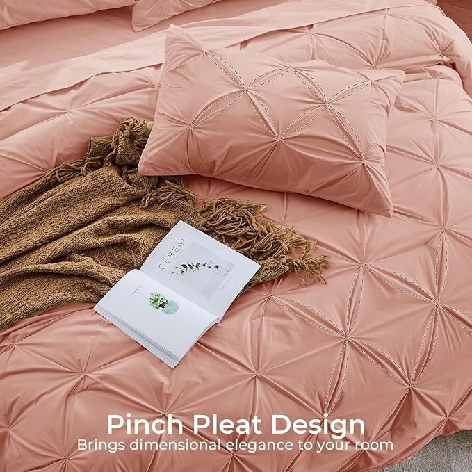 Sasttie Queen Comforter Set, 7-Piece Bed in a Bag, Pintuck Bedding Sets for All Season, Includes Comforter, Flat Sheet, Fitted Sheet, Pillowcases and Pillowshams, Blush
