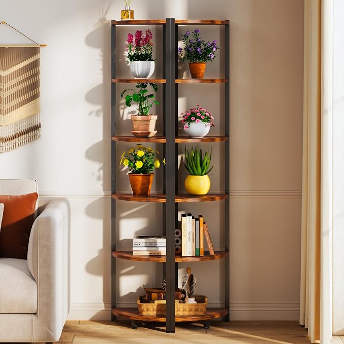 Corner Shelf with LED Lights, 6-Tier Corner Bookshelf, 66'' Organizer Book Shelf Shelves Steel Frame Display Stand with Living Room, Bedroom, Study, Rustic Brown - Image 7