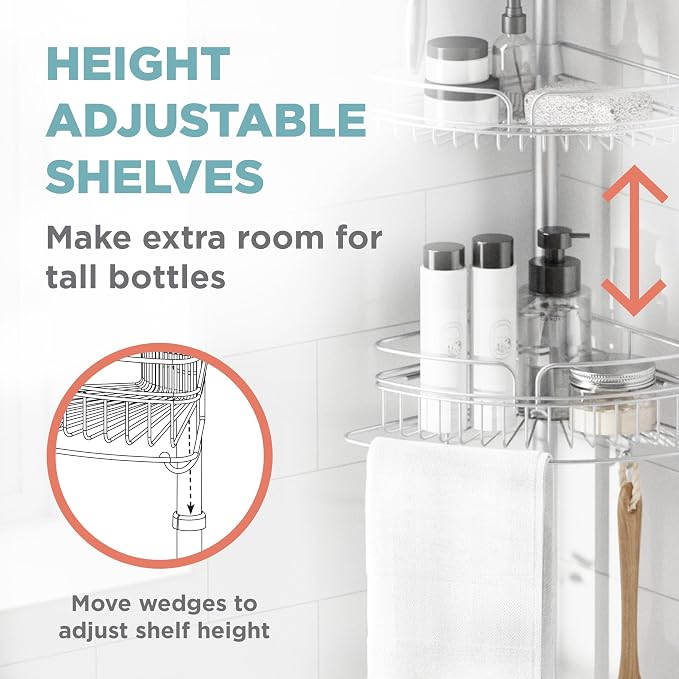 Zenna Home Tension Pole Shower Caddy Corner Organizer, Adjustable Standing Shower Caddy with 4 Baskets and Built in Towel Bar, Rust Resistant Bathroom Tension Rod Organizer, 60 to 97 Inch, Chrome - Image 4