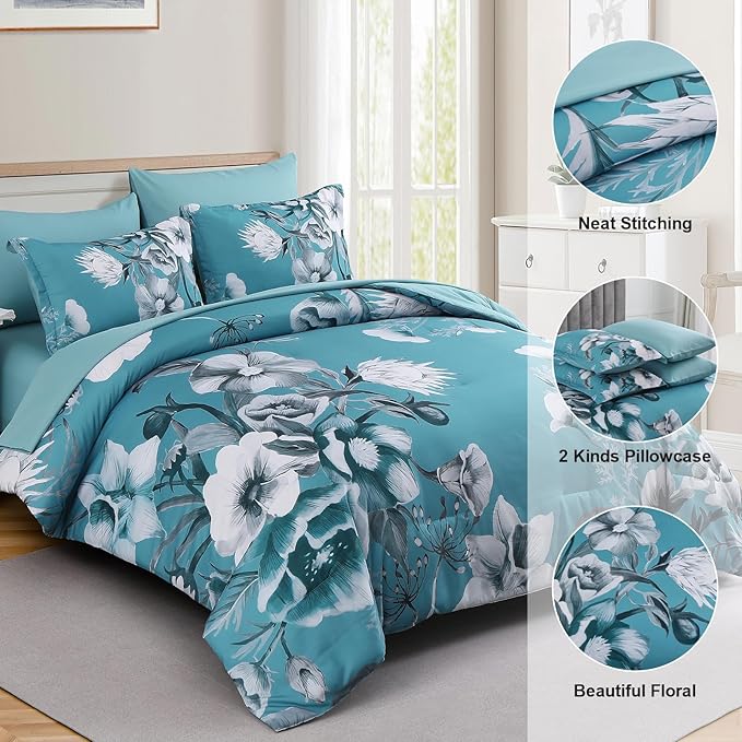 Luxudecor Floral Comforter Set King Size 7 Piece, Teal Blue Flower Bed in a Bag, Elegant Comforter Bedding Set for All Season (Teal Blue, 104"x90")