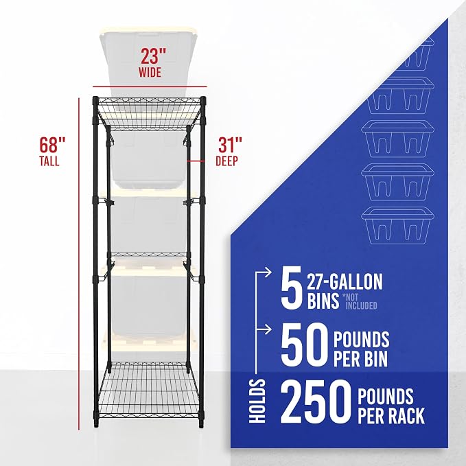 SafeRacks 5-Tier Steel Tote Rack - Maximize Space, Declutter, Organization, NSF Certified, Bin Storage for Garage, Pantry, Kitchen, Workspace, 5 Shelves, 31″ x 23″ x 68″, Black - Image 3