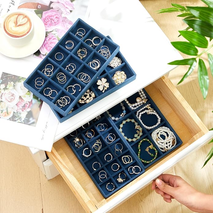 Junkin 12 Pcs Jewelry Tray Velvet Stackable Jewelry Organizer Trays Divided Earring Accessories Storage Containers Box (Rose Red) - Image 5