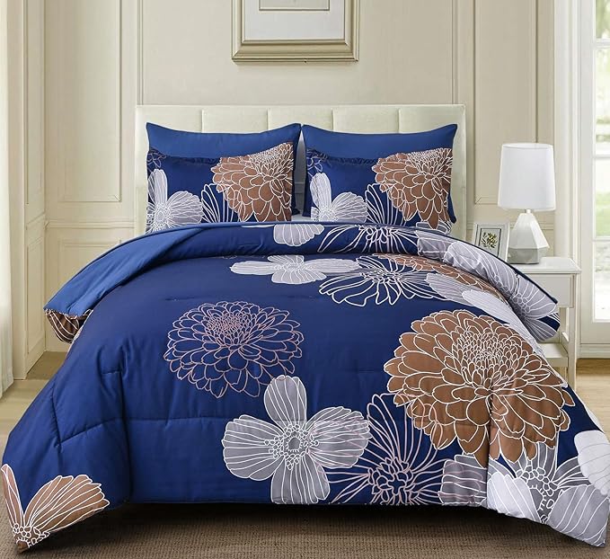 Yiran 7 Pieces Floral Comforter Bedding Sets Bed in a Bag Navy Brown Soft Microfiber Comforter Set with Comforter, Sheets, Pillowcases & Shams King Size 104"×90"