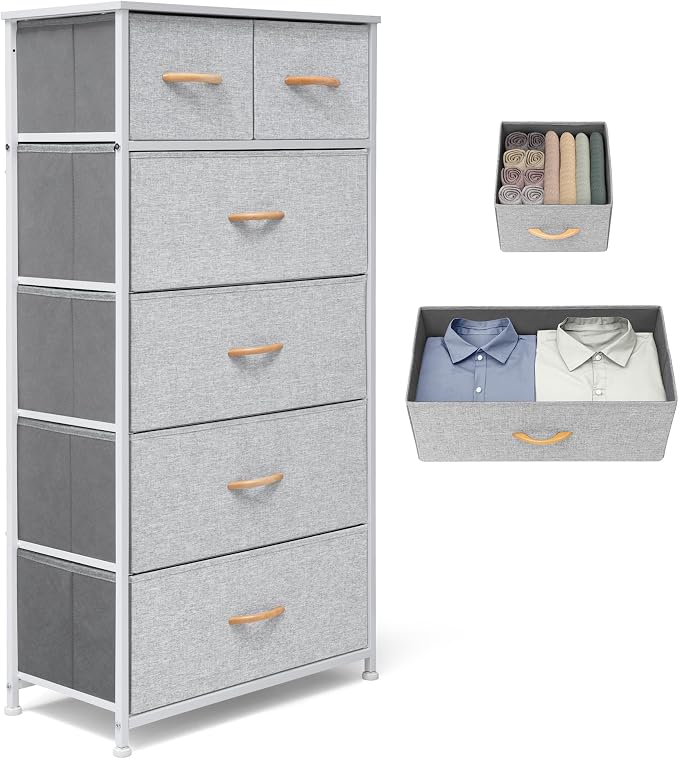 Fabric Dresser for Bedroom, Tall Skinny Dresser with 6 Drawers, Storage Organizer Tower, Steel Frame Wooden Top for Closet, Living Room, Hallway(Light Gray) by VredHom