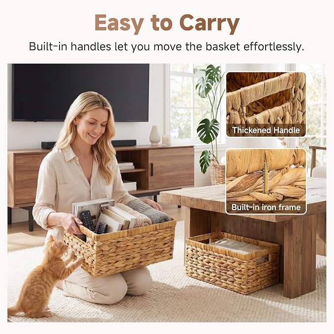 StorageWorks Wicker Storage Baskets, Handwoven Water Hyacinth Basket for Organizing, Decorative Organizers with Built-in Handles, Set of 2 - Image 4