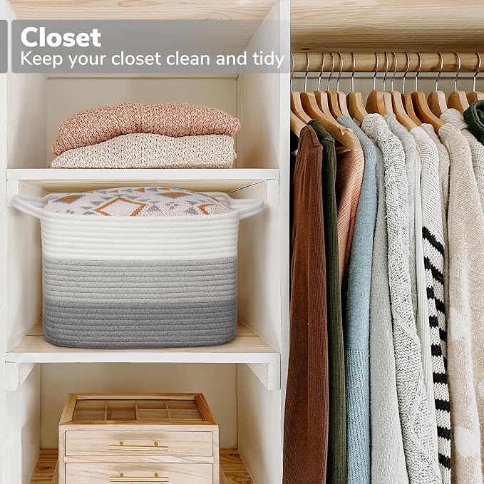 Goodpick Woven Storage Basket, Closet Storage Bins for Books, Towels, Cotton Rope Organizer with Handles, Square Toy Gift Basket for Kids, Gradient Gray, 13 x 10 x 9 Inches - Image 5