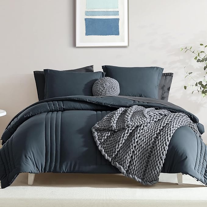 Monbix Oversized King Size Comforter Set - 7 Pieces Blue Gray Bed in a Bag Oversized King Bedding Sets with Comforter, All Seasons Comforter Bed Set with Sheets, Pillowcases & Shams