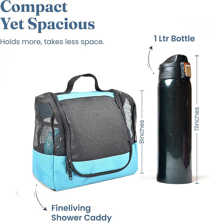 The Fine Living Co. Portable Hanging Shower Caddy Organizer Bag (Free Toiletries Case+Metal Hook) Quick Dry Mesh Shower Caddy Tote Bag Pouch For Bathroom College Dorm Camp Gym Camping 10”x4”x8”(Aqua) - Image 7