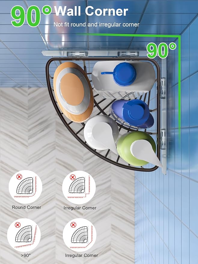 SMARTAKE 2-Pack Corner Shower Caddy Deep Basket Design, SUS304 Stainless Steel, Wall Mounted Bathroom Shelf with Adhesive, Storage Organizer for Toilet, Dorm and Kitchen (Bronze) - Image 2