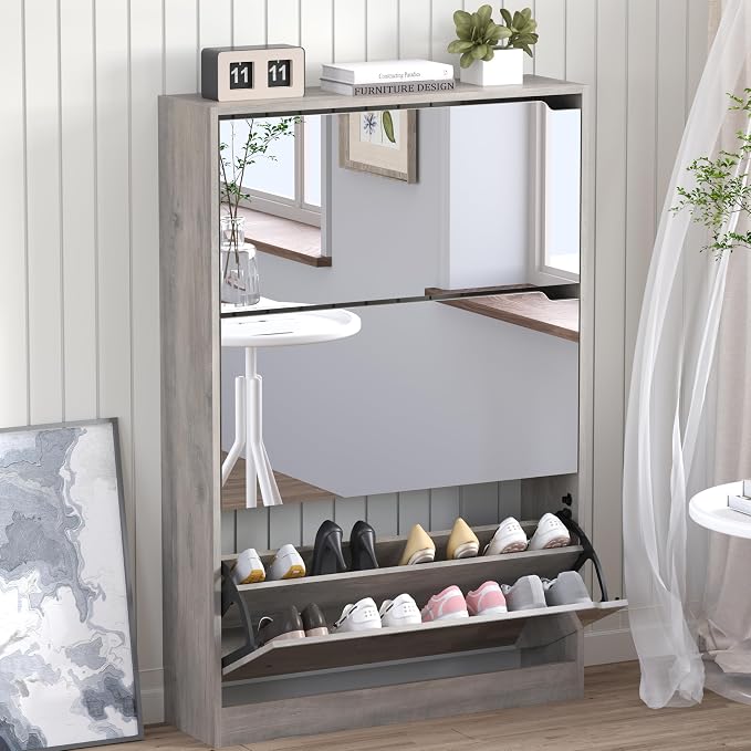 BORNOON Shoe Cabinet with 3-Flip Mirror Drawers, Freestanding Shoe Rack Organizer with Hidden Handle, Slim Narrow Shoe Storage Cabinet for Entryway, Entrance, Hallway, Bedroom by BORNOON