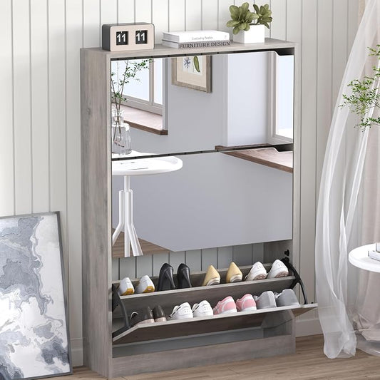 BORNOON Shoe Cabinet with 3-Flip Mirror Drawers, Freestanding Shoe Rack Organizer with Hidden Handle, Slim Narrow Shoe Storage Cabinet for Entryway, Entrance, Hallway, Bedroom by BORNOON