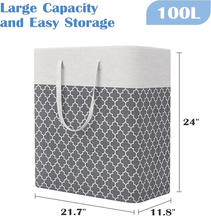BlissTotes 3-Pack Laundry Basket, Freestanding＆Waterproof Laundry Hamper, Collapsible Tall Clothes Hamper with Easy Carry Handles for Clothes, Towels in the Family and Dorm,Clover Grey,100L - Image 2