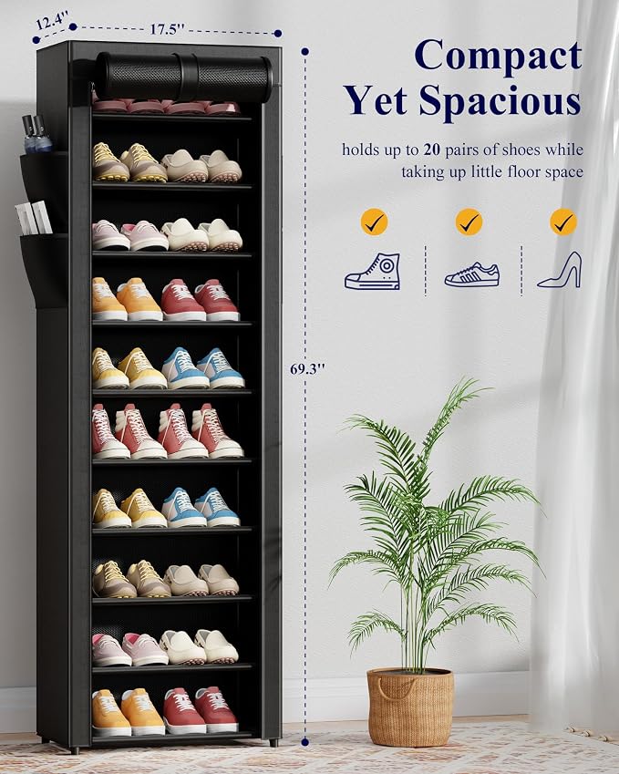 Kitsure Shoe Rack - 10-Tier Large Capacity Shoe Organizer Shelf with Dust Cover & Side Pockets, Rust-Proof Metal Shoe Rack for Closet, Entrance, Living Room, 17.5" x 12.4" x 69.3", Black - Image 3