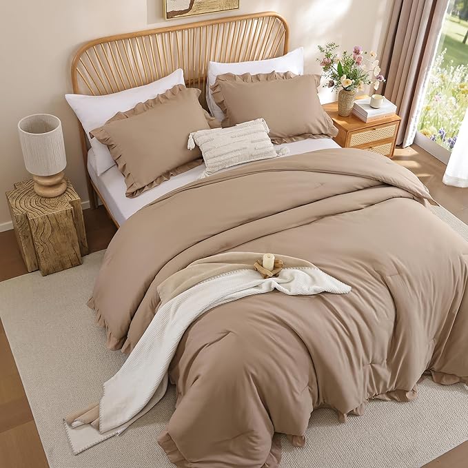 JANZAA Queen Ruffled Comforter Set 3PCS (1 Taupe Comforter Set and 2 Pillowcases) Vintage Farmhouse Shabby Chic Bedding Soft Fluffy Bed Set All Season