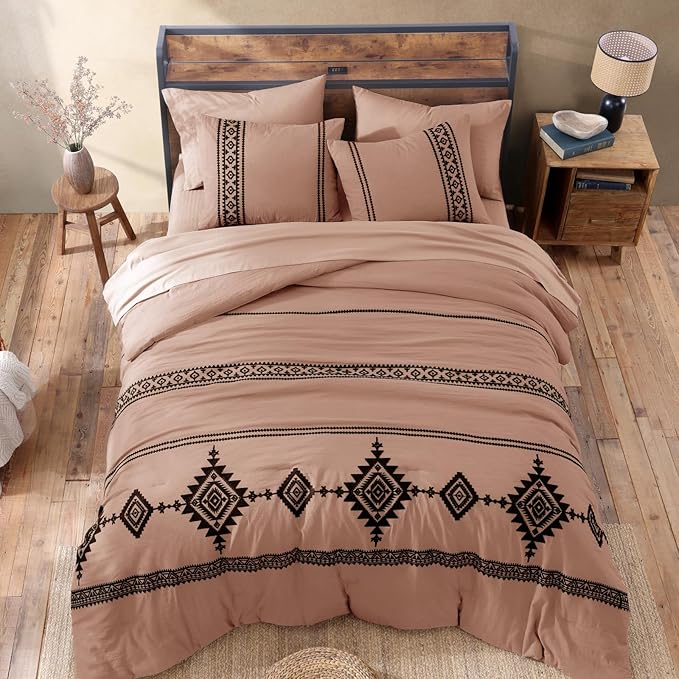 MaiRêve Embroidery Comforter Set, Boho Farmhouse Western Bedding Set, All Season Bed in A Bag Comforter Set with Sheets, Pillowcases & Shams, Dusty Pink Queen 7 Pieces