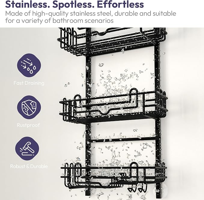 SWTYMIKI Shower Caddy Hanging Organizer - 3-Tier Rustproof Shower Organizer Over Showerhead with Adjustable Baskets, 24 Hooks, Soap & Razor Holder - No Drill Large Bathroom Storage Rack, Black - Image 6