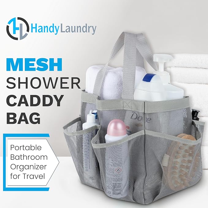Handy Laundry Mesh Shower Caddy – 7 Pocket Portable Organizer Tote for College Dorm, Gym, Travel & Bathroom – Quick Dry, Collapsible, Lightweight Shower Bag with Handle (Gray) - Image 2