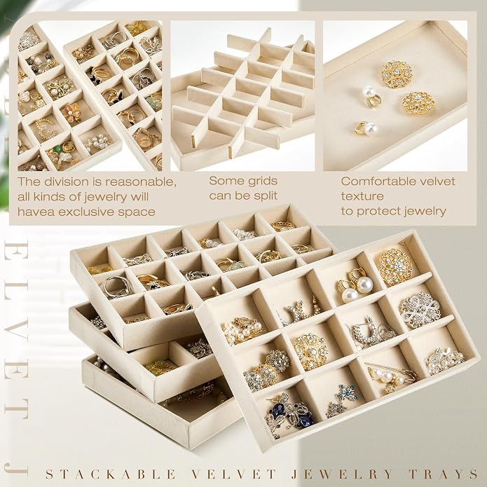 Junkin 12 Pcs Jewelry Tray Velvet Stackable Jewelry Organizer Trays Divided Earring Accessories Storage Containers Box (Rose Red) - Image 3