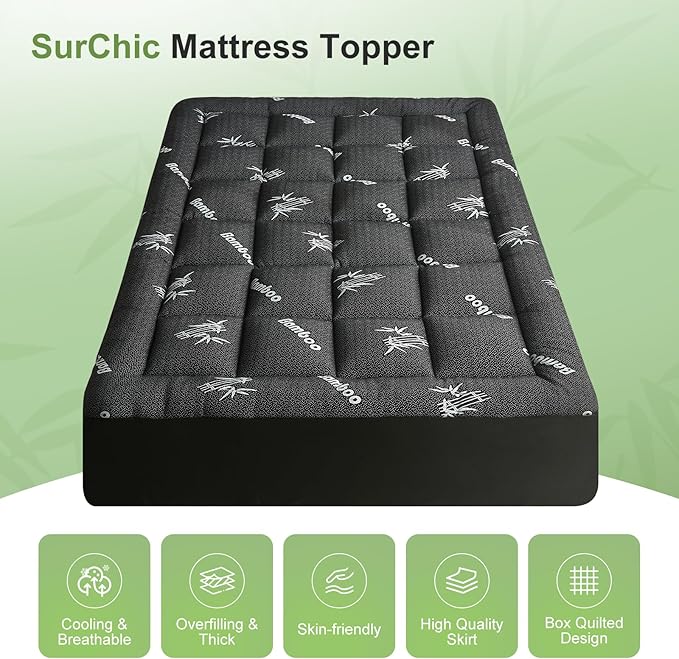 California King Size Mattress Topper Viscose Derived from Bamboo, Soft Thick Pillow Top Mattress Pad for Back Pain, Cooling Mattress Protector with 8-21 Inch Deep Pocket, Dark Grey