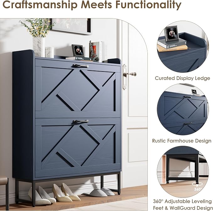 Nicetree Shoe Storage Cabinet, Shoe Cabinet with 2 Flip Drawers, Narrow Shoe Rack Cabinet, Farmhouse Slim Shoe Cabinet Storage for Entryway,Blue - Image 5