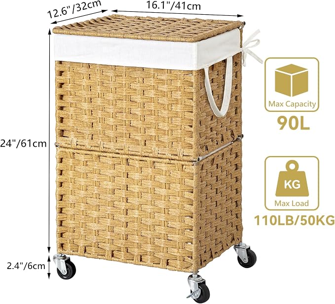 Chrislley 90L Slim Laundry Hamper with Wheels, Rolling Laundry Basket with Lid and Renovable Liner Bag, Handwoven Rattan Organizer for bedroom, bathroom, laundry room (Yellow) - Image 3