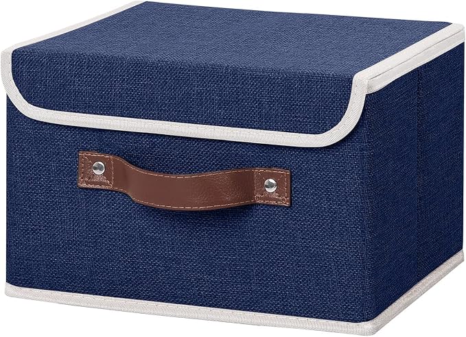 ANMINY Storage Bin with Lid Storage Boxes with PU Leather Handles PP Plastic Board Decorative Foldable Lidded Cotton Linen Fabric Home Cubes Baskets Closet Organizer Container - Blue, Small Size by ANMINY