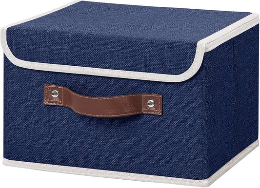 ANMINY Storage Bin with Lid Storage Boxes with PU Leather Handles PP Plastic Board Decorative Foldable Lidded Cotton Linen Fabric Home Cubes Baskets Closet Organizer Container - Blue, Small Size by ANMINY