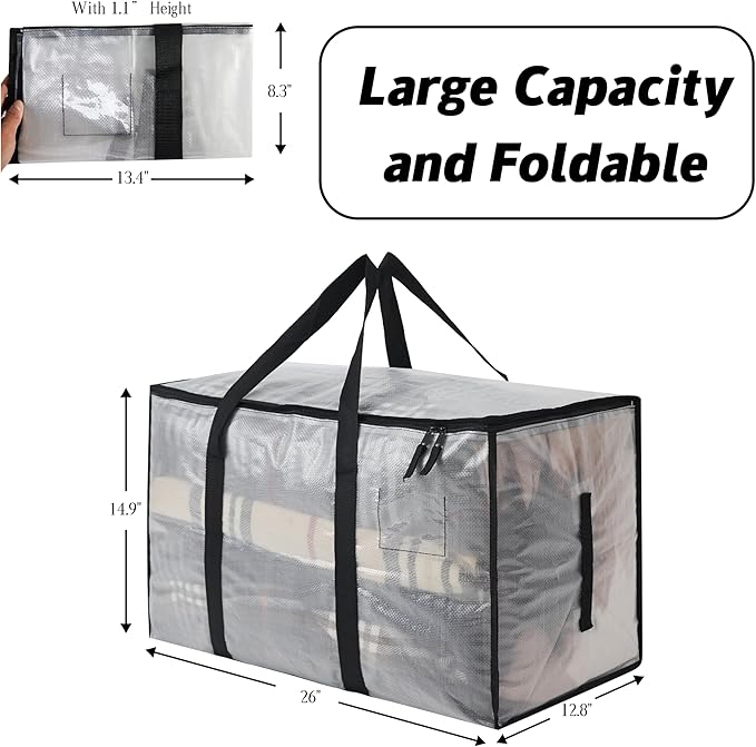 6-Pack Extra Large Clear Moving Bags with Zippers, 93L Heavy Duty Storage Totes with Wrap-Around Handles, Collapsible Clothes & Holiday Storage Bins Alternative (100lb Capacity) - Image 3