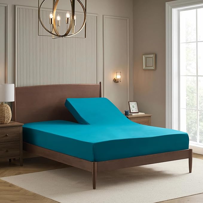 Split Head King Sheets Set for Adjustable Beds 4 Piece Flex Top Bed Sheets – Deep Pocket Split Top Fitted Sheet with Built-in Corner Straps, Luxury Soft Cooling Bedding, Wrinkle Resistant, Teal