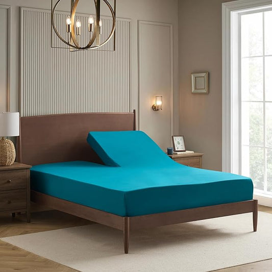 Split Head King Sheets Set for Adjustable Beds 4 Piece Flex Top Bed Sheets – Deep Pocket Split Top Fitted Sheet with Built-in Corner Straps, Luxury Soft Cooling Bedding, Wrinkle Resistant, Teal