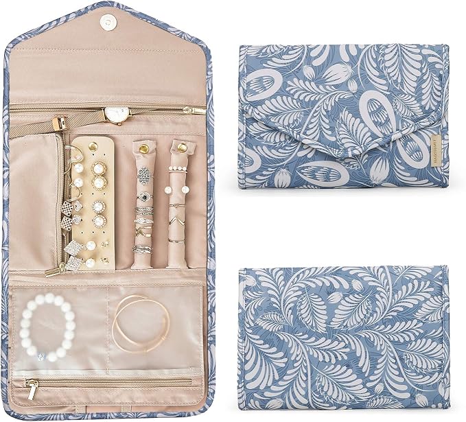 BAGSMART Travel Jewellery Organiser Roll Foldable Jewelry Case for Journey-Rings, Necklaces, Bracelets, Earrings, White Leaf by BAGSMART
