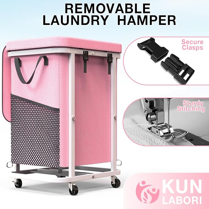 40 Gal(150L) High Grade Large Laundry Basket with Wheels, Rolling Laundry Hamper, Laundry Cart with Metal Frame and Removable Bag Design, Suitable for Laundry Room, Bedroom (Pink, 150L) - Image 5