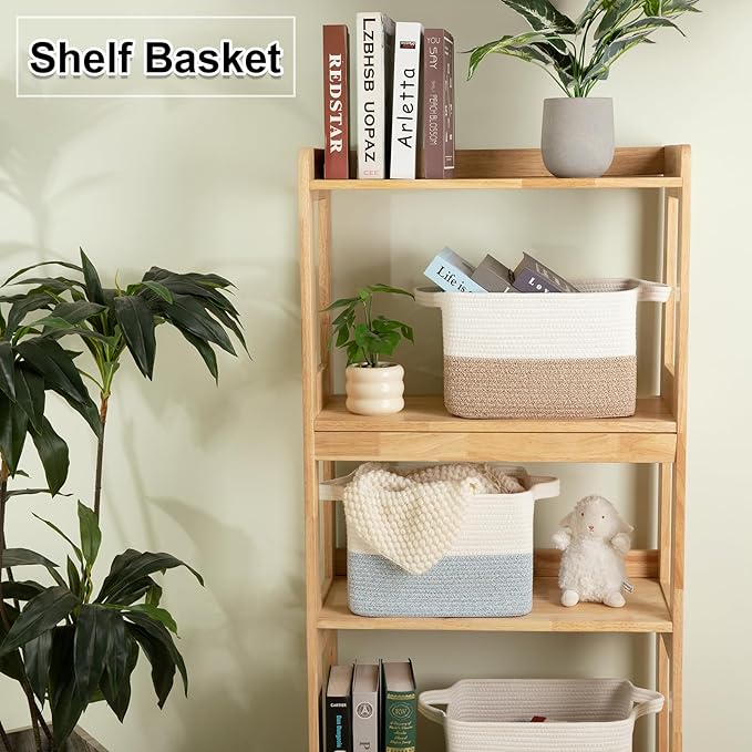 OIAHOMY Woven Storage Basket for Shelves, Rectangle Cotton Rope Baskets for Organizing, 13 x 10 x 9 in, Storage Bins for Dog Toys,Towel,Books,Gift,Blue and White - Image 2