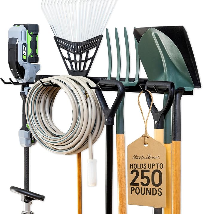 StoreYourBoard 36" Garage Tool Organizer Wall Mount | Garden Tool Organizer System | Heavy Duty Garden Tool Storage Rack for Yard Tools Rakes Shovels 250lbs Garage Organization | 4 PVC Coated Hooks by StoreYourBoard