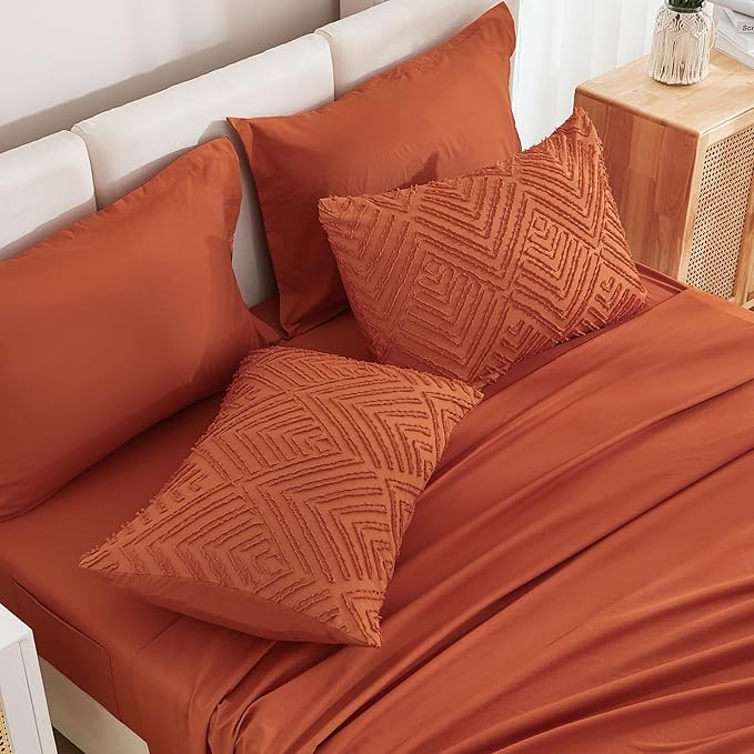 Andency Queen Comforter Set Burnt Orange - 7 Pieces Bed in a Bag Queen Boho Terracotta Bedding Comforter Sets, Rust Tufted Bed Set with Comforter, Sheets, Pillowcases & Shams
