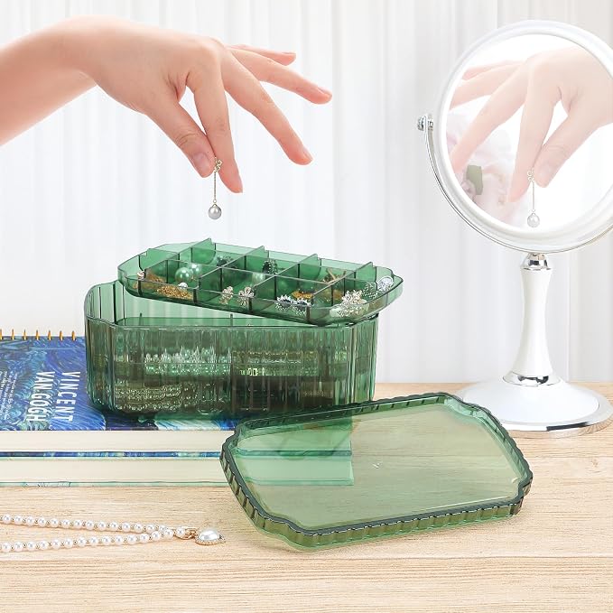 LETURE 3-Layer Jewelry Organizer Box for Earrings, Rings, Necklaces, Bracelets, Clear Plastic Bead Storage Containers for Crafts (Green) - Image 8