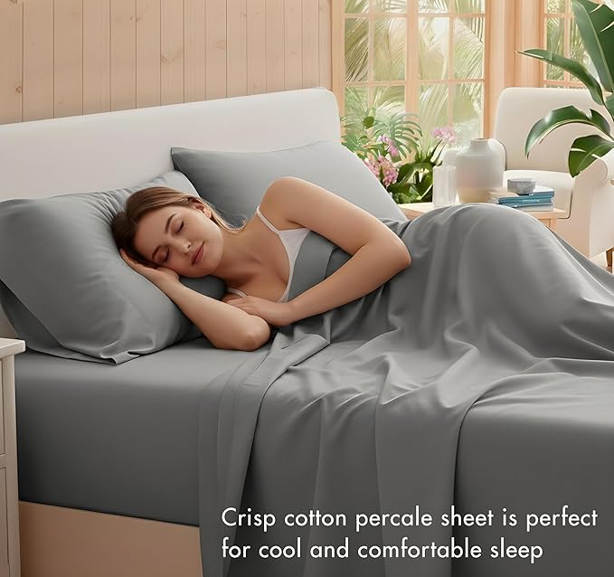 RUVANTI 100% Cotton Sheets – King Size Percale Bedding, Cooling & Breathable, Durable with a Crisp, Soft & Comfortable Feel, 16" Deep Pocket, 4-Piece Set, Mist Grey