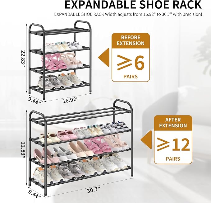 Hleelomi 4-Tier Expandable Shoe Rack for Entryway，Adjustable Metal Shoe Organizer for Closet,Living Room,Dorm,Black - Image 2