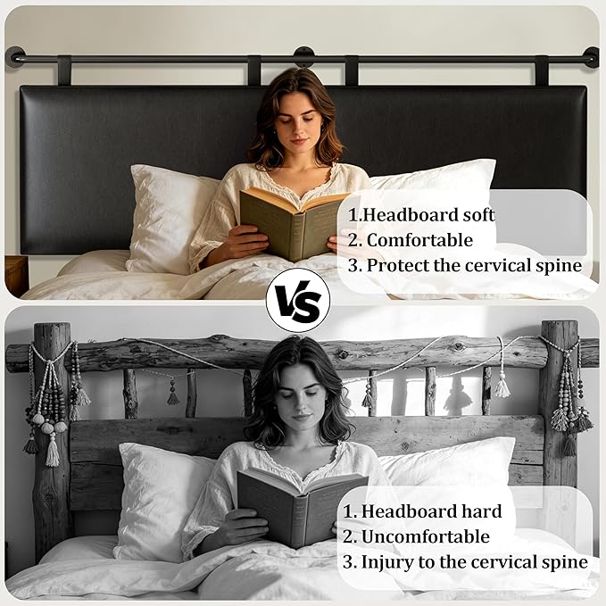 BSHOMGI King Size Headboard Wall Mount Headboard, PU Leather Head Board Only Black Hanging Head Boards, Industrial Pipe Modern Bed Backboard for Bedroom (Black, King)