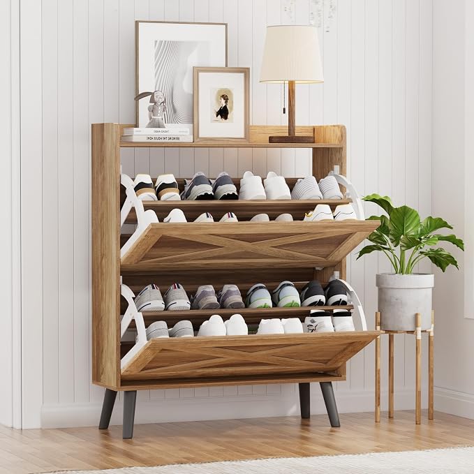 Homleke 32" W Farmhouse Shoe Storage Cabinet with 2 Flip Drawers and Barn Door Design, Adjustable Shelves, Hidden Slim Narrow Shoe Rack Cabinet for Entryway, Foyer, Hallway, Living Room, Rustic Walnut - Image 9