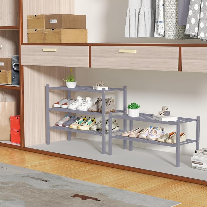 ROMGUAR CRAFT 2 Tier Bamboo Shoe Rack for Closet Free Standing Wood Shoe Shelf for Entryway Small Space Stackable 27"x11"x13" (Grey) - Image 4