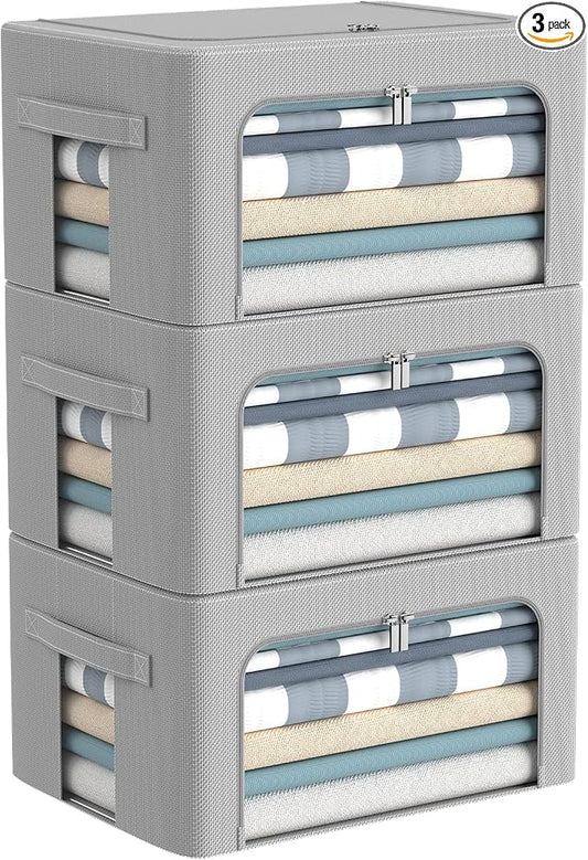 CYhom 3Pack Frame Storage Box - Clothes Storage Bin Bags Oxford Fabric Foldable Stackable Container Organizer Set with Clear Window & Carry Handles Large Capacity (Grey, Small-22L) by CYhom