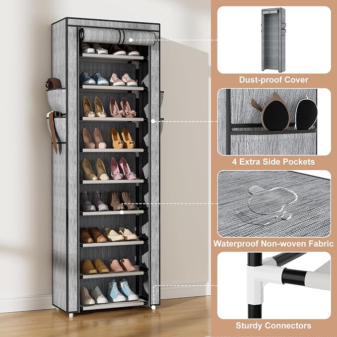 VILICK Shoe Rack with Cover Narrow Shoe Rack Organizer with 4 Side Pockets 10 Tier Tall Shoe Storage Shoe Shelf Holds 18-22 Pairs Shoes and Boots Shoe Rack for Closet, Printing - Image 4