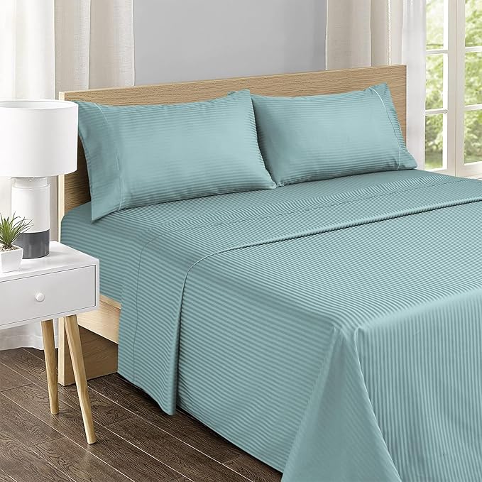 Feather & Stitch 500 TC King Size Bed Sheet Set, 100% Cotton Soft Breathable Bedsheets, 4 Piece 18" Deep Pockets Sateen Weave Striped Bedding Mattress Resort Hotel Luxury - (Granite Green Stripe)