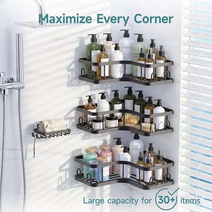 Veken Corner Adhesive Shower Caddy 4-Pack with Soap Holder&Hooks,No Drilling Shower Shelves,Rustproof & Waterproof Bathroom Organizers and Storage,Rack for Small Spaces, Kitchen&Rental-Friendly,Black - Image 2
