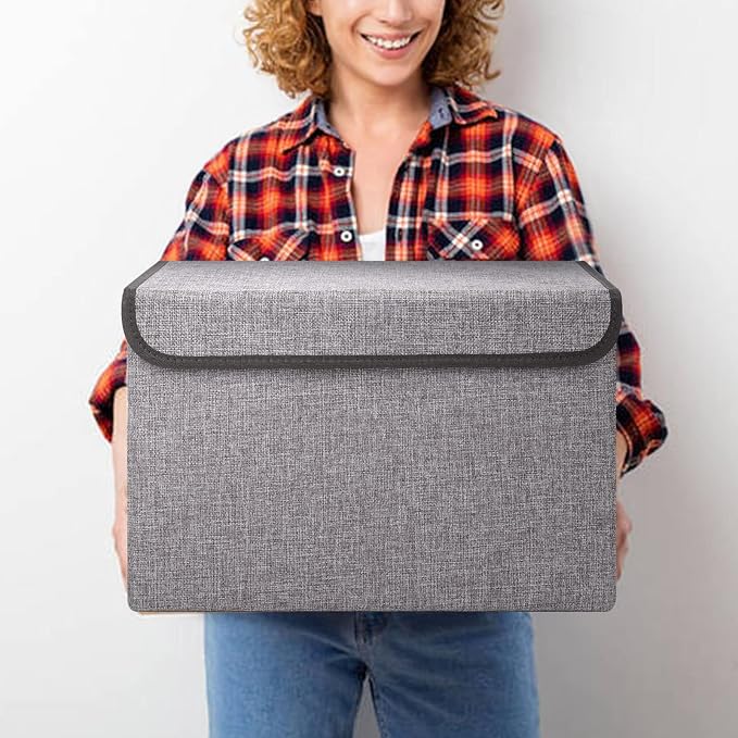 Bagnizer Large 17" 42 Quarts Collapsible Stackable Storage Bins with Lids [3-Pack] Foldable Fabric Linen Storage Boxes Cube, Closet Organizer Baskets with Label for Home (16.7 x 12 x 12, Gray) - Image 5