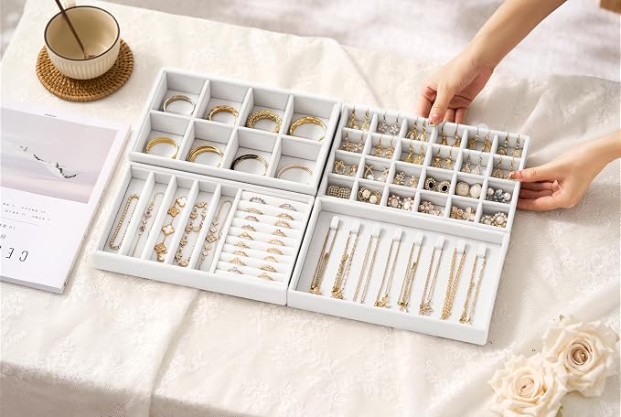 Velvet Jewelry Drawer Organizer Trays – White Stackable Jewelry Storage Inserts Set, 4-Layer Jewelry Tray Set for Earrings, Rings, Necklaces, Bracelets with Removable Dividers for Dresser & Vanity - Image 3